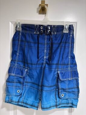 Blue Plaid Cargo Swim Shorts